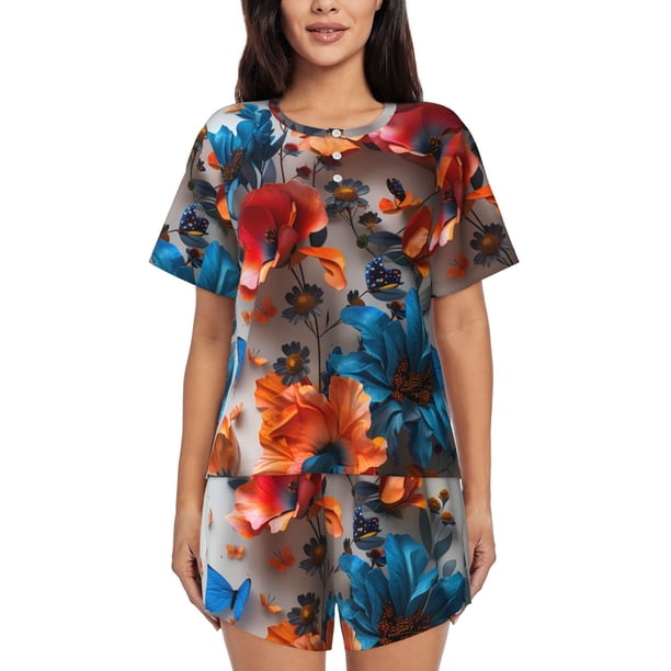 Fotbe 3D Butterfly Conjunto de Pijama Estampado para Mujer, 2 Piezas, Ropa de Dormir con Camiseta de Manga Corta y Shorts Suaves-Small