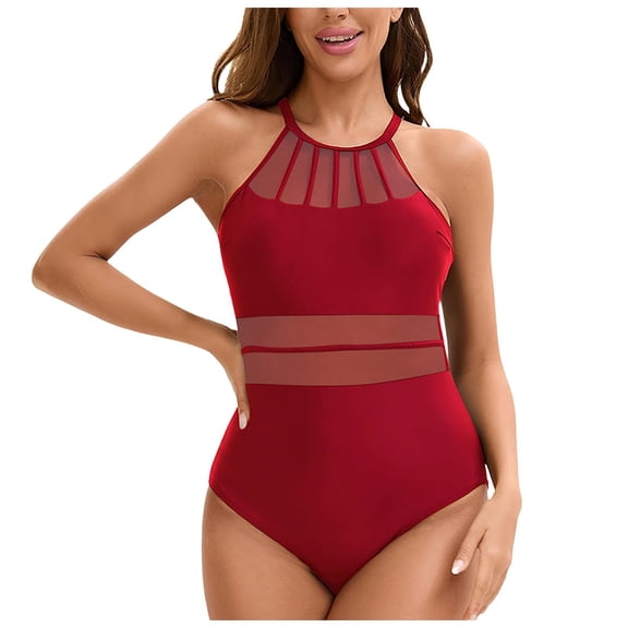 TTUHYWXI Women Tummy Control One Piece Swimsuit Modest Bathing Suit Full Coverage High Neck Swimwear (Red, XXL)