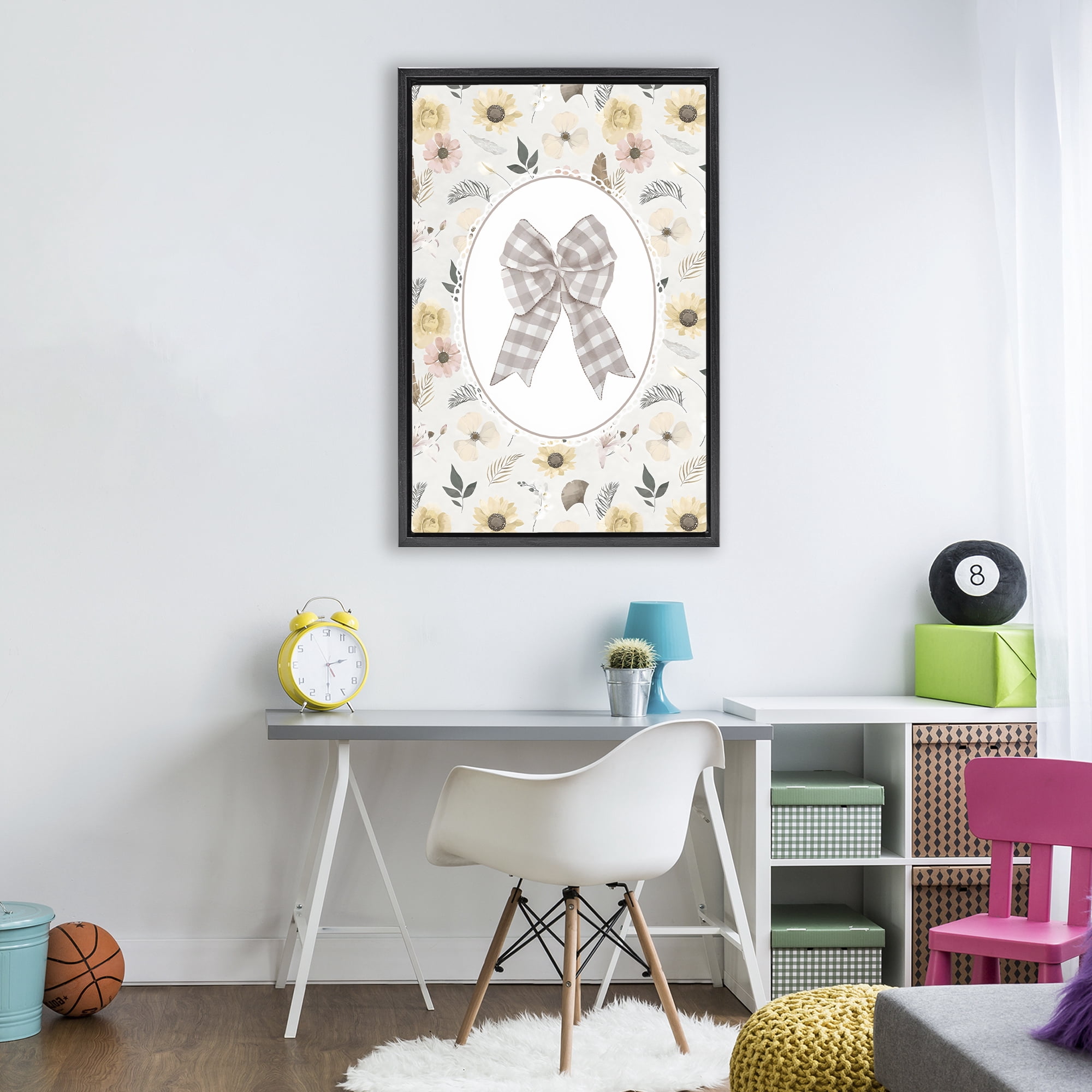 Stupell Industries Sunnyside Bow in Gingham Black Framed Floater Canvas Wall Art, design by Ink Drop Loft