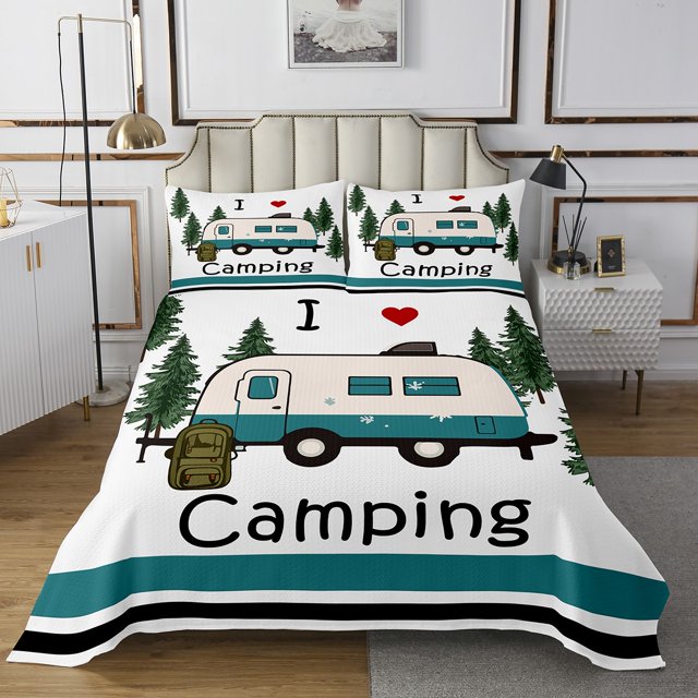 Erosebridal Camper Coverlet Set Twin, Cartoon RV Car Bedding Set, Happy Camping Decor 2 Pieces