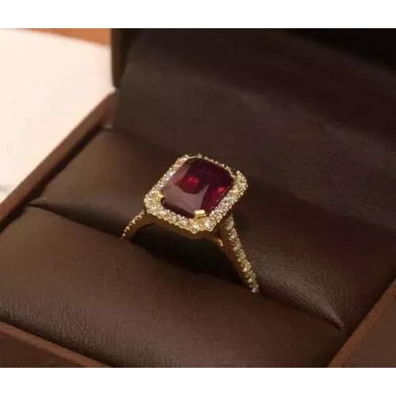 2Ct Emerald Cut Lab-Created Red Ruby Women's Halo Wedding Ring 14K Yellow Gold Plated