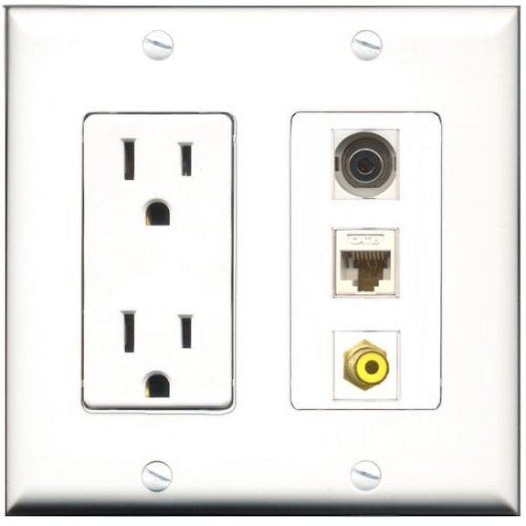 RiteAV - 15 Amp Power Outlet 1 Port RCA Yellow 1 Port 3.5mm 1 Port Cat6 Ethernet Ethernet White Decorative Wall Plate