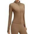 thumbnail image 3 of QATAINLAV Workout Tops for Women Cropped Slim Fit Full Zip Jacket Running Athletic Long Sleeve Shirts with Thumb Holes, Coffee, M, 3 of 5