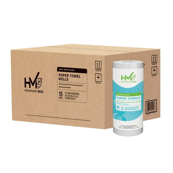 Highmark® Brand 100% Recycled 2-Ply Paper Towels, 11" x 9", 85 Sheets Per Roll, Case Of 15 Rolls