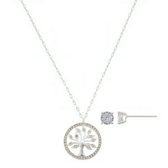 Believe by Brilliance Women's Silver Plated Cubic Zirconia Family Tree Necklace and Stud Earring Set, 18 2"