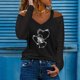 thumbnail image 2 of Moda mujer cuello pico manga larga camiseta otoño taladro caliente hombro frío blusa suelta Tops Fridja  fjkfkj3875, 2 of 5