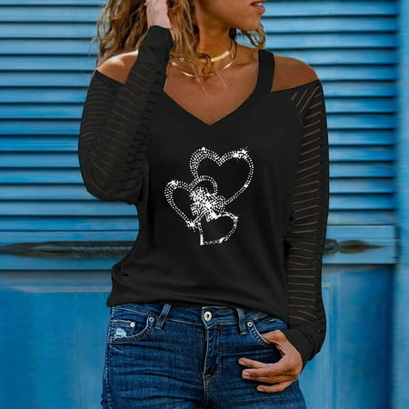 

Juebong Rhinestone Cold Shoulder Hollowed Long Sleeve Shirts for Women V Neck Halter Neck T-Shirt Essentials Girls Solid Casual Hollow Out Sleeve Off The Shoulder Sweatshirts