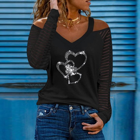 kayannuo Womens Tops Long Sleeve Shirts Fall Fashion Woman V-Neck Long Sleeve T-Shirt Autumn Hot Drill Cold Shoulder Loose Blouse Tops Black