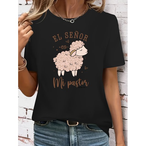 Women's Casual Graphic Tee - Short Sleeve Crew Neck, Machine Washable, Cute Sheep Design with Spanish Phrases, Ideal for Spring & Summer, Allseason Top|Graphic Print Tee|Stretchable Fabric