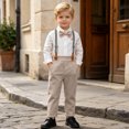 thumbnail image 4 of QTBIUQ Toddler Boys Three-Piece Suit Set Cotton Turn-Down Collar Shirt and Suspender Pants Formal Outfit Set with Bow Tie, 4 of 9