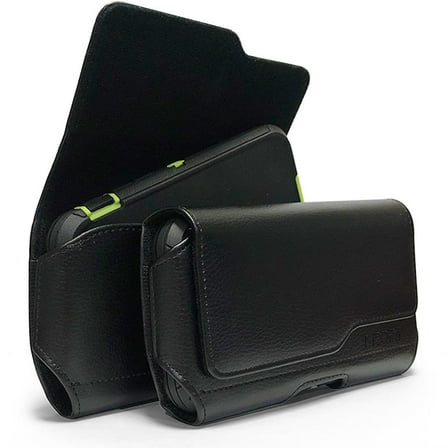 Classic Leather Belt Clip Loop Holster Pouch Sleeve Flip Phone Holder For Samsung Galaxy J7 Max Fit with Otterbox Defender Case/Lifeproof Case/Hybrid Armor Case/Battery Back Case On - Black