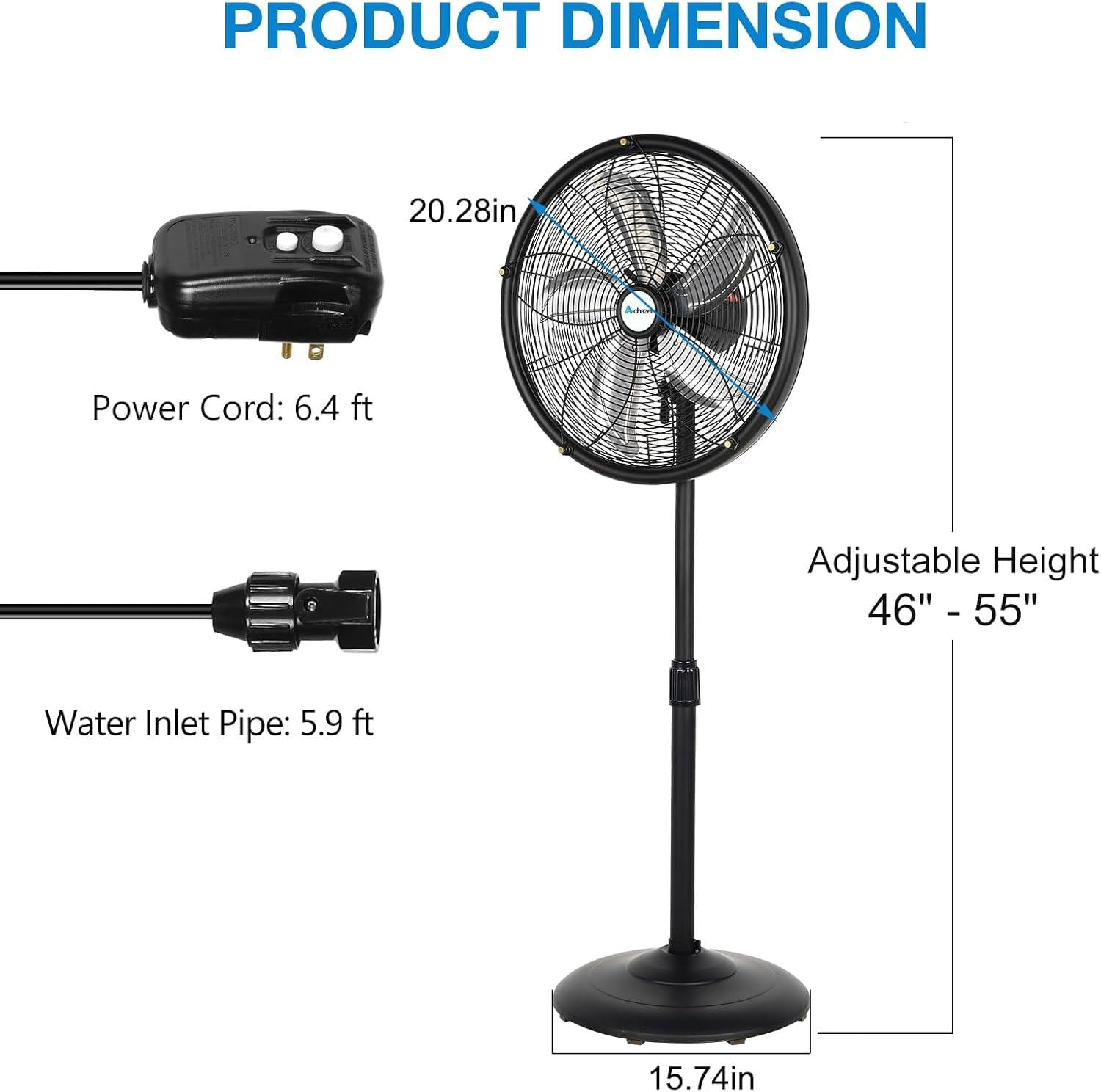Achazel 18" Outdoor Pedestal Misting Fan with Oscillation, 3-Speed Adjustable Height, High Velocity Patio Cooling Waterproof Industrial Fan Outside
