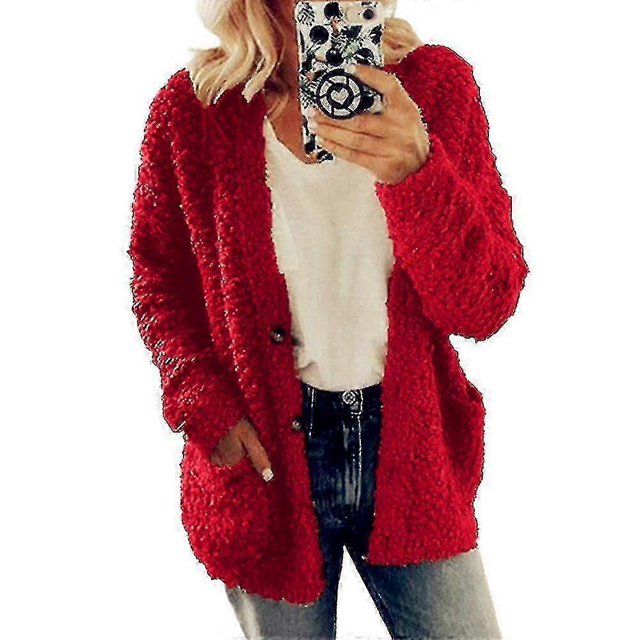 Abrigo de invierno ZHAOCHENG con bolsillos mullidos y peludos para mujer color rojo talla 5XL