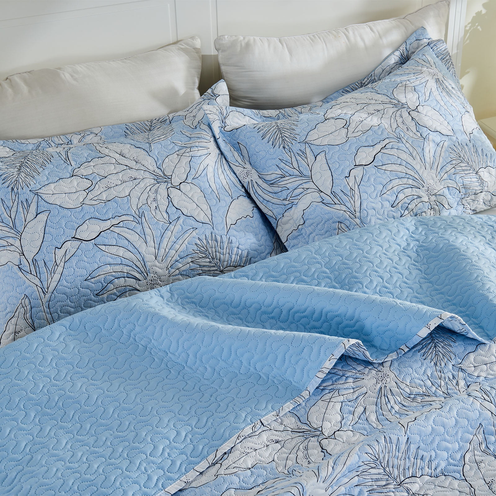 Gogreen Luxury Printed Quilt Set Queen Size, Lightweight Comforter Set, Oversized Bedspread Coverlet Quilted Bedding Set, with 2 Matching Pillowcases, for All Season