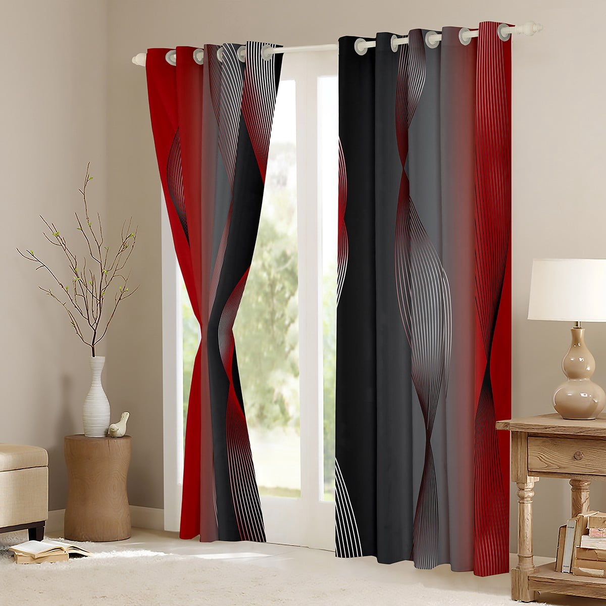 Gradient Red and Grey Black Curtains & Drapes,Irregular Silver Stripe Wave Line Curtains Ombre 30%-50% Blackout Curtains 2 Panels 42"Wx84"L,Abstract Art Room Decor Aesthetic