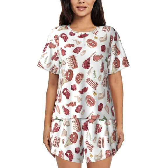 Logiee Different Meat Print Womens Pajamas Set,Short-Sleeve Pajama 2 Piece Sleepwear with Pockets-Small