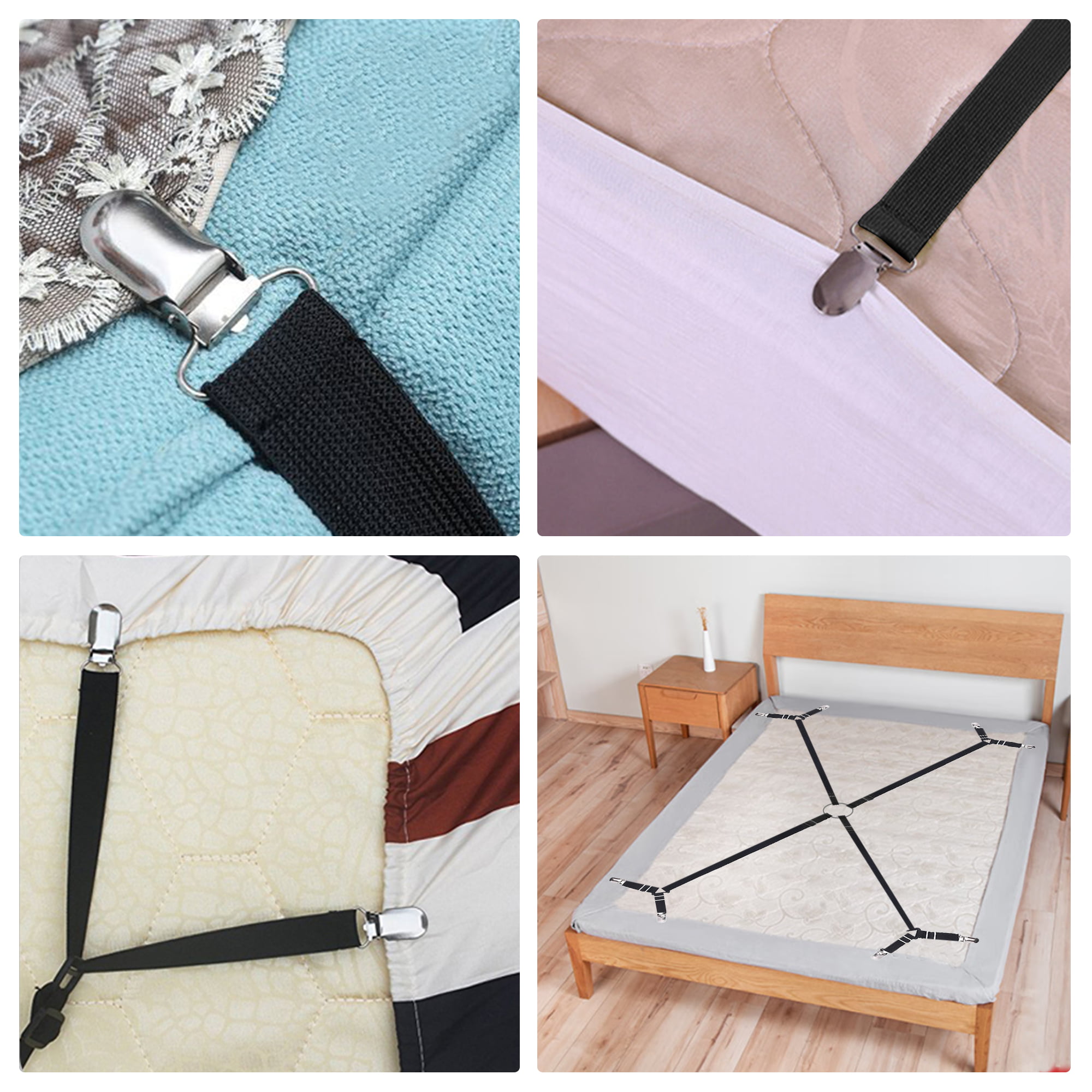 EEEkit 4Pcs Bed Sheet Straps, Triangle Non-Slip Mattress Cover Clips  Fastener, Adjustable Suspender Grippers (Black)
