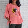 thumbnail image 2 of Blusa de lino y algodón con cuello redondo y manga tres cuartos informal para mujer con estampado de bandera Pompotops FGAJ3098, 2 of 6