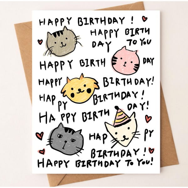 Cat Birthday Card Hand-Drawn Kitty Faces Illustration Whimsical Happy Birthday Greeting Card for Cat Lovers Fun Feline Theme Card with Included Envelope
