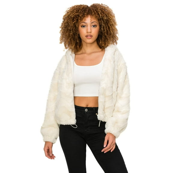Cali1850 Women’s Faux Fur Hoodie Jacket Texture Fuzzy Fleece Zip Up Long Sleeve Lined Winter Warm Coat
