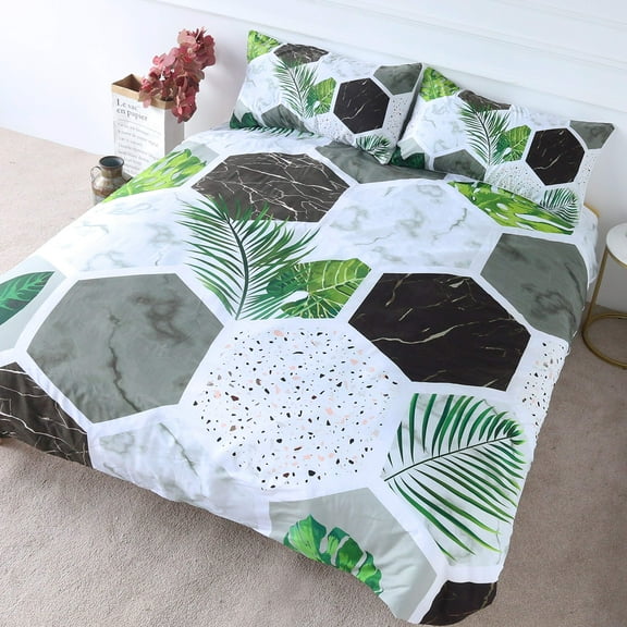 Modern Terrazzo Bedding Set Hexagon Duvet Cover Set 2/3 Pcs Green Palm Leaves Bedspread Geometric B