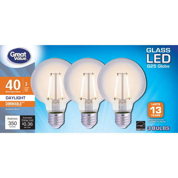 Great Value Glass LED G25 Globe Light Bulbs, 40W, Daylight, 3 Count