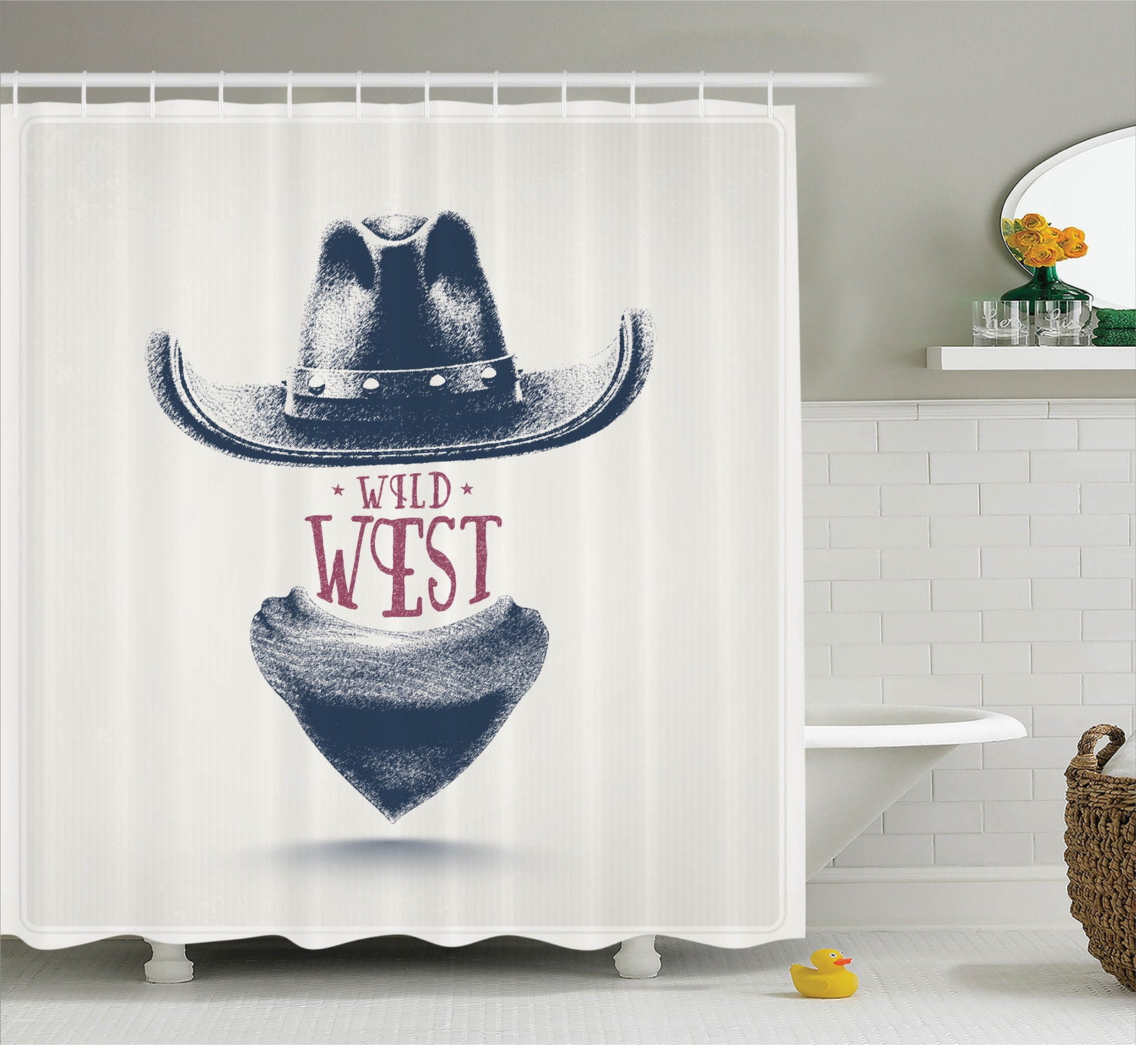 Western Decor Shower Curtain Set, Graphic Design Of Wild West Cowboy