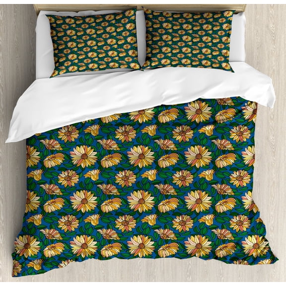 Gerber Daisy Duvet Cover Set Queen Size, Fresh Spring Garden Pattern with Yellow Flower Growth and Green Leaves on Blue, Decorative 3 Piece Bedding Set with 2 Pillow Shams, Multicolor, by Ambesonne