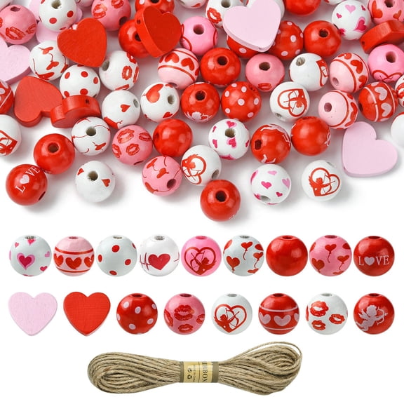 DanLingJewelry 120Pcs Love Theme Wood Beads Kit Pink DIY Wood Round Beads with Wave Point Pattern Heart Dot Craft Ornaments with Cord for DIY Jewelry Making
