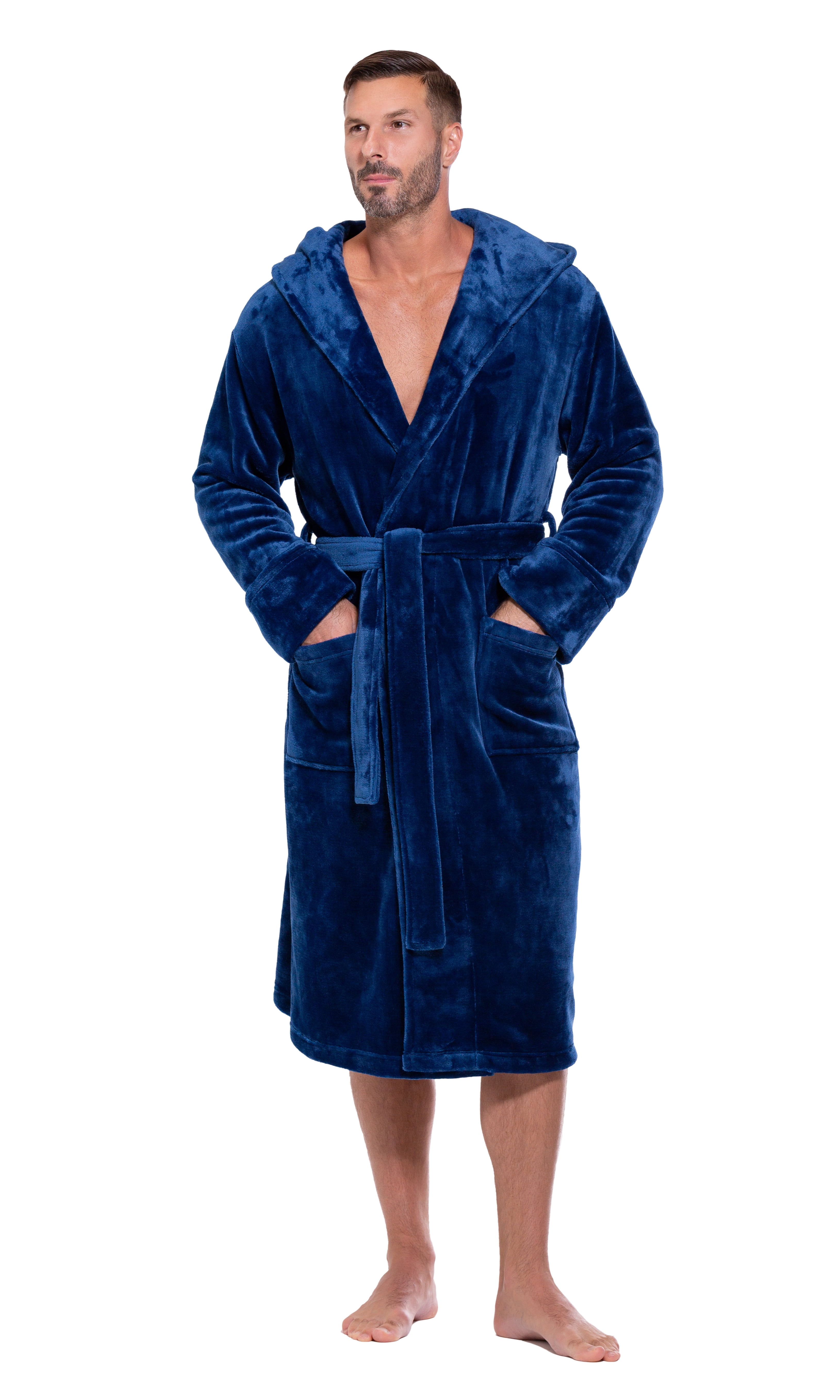 Plush Robes For Men, Soft Fuzzy Hooded Mens Bathrobes , Long Comfy Robe