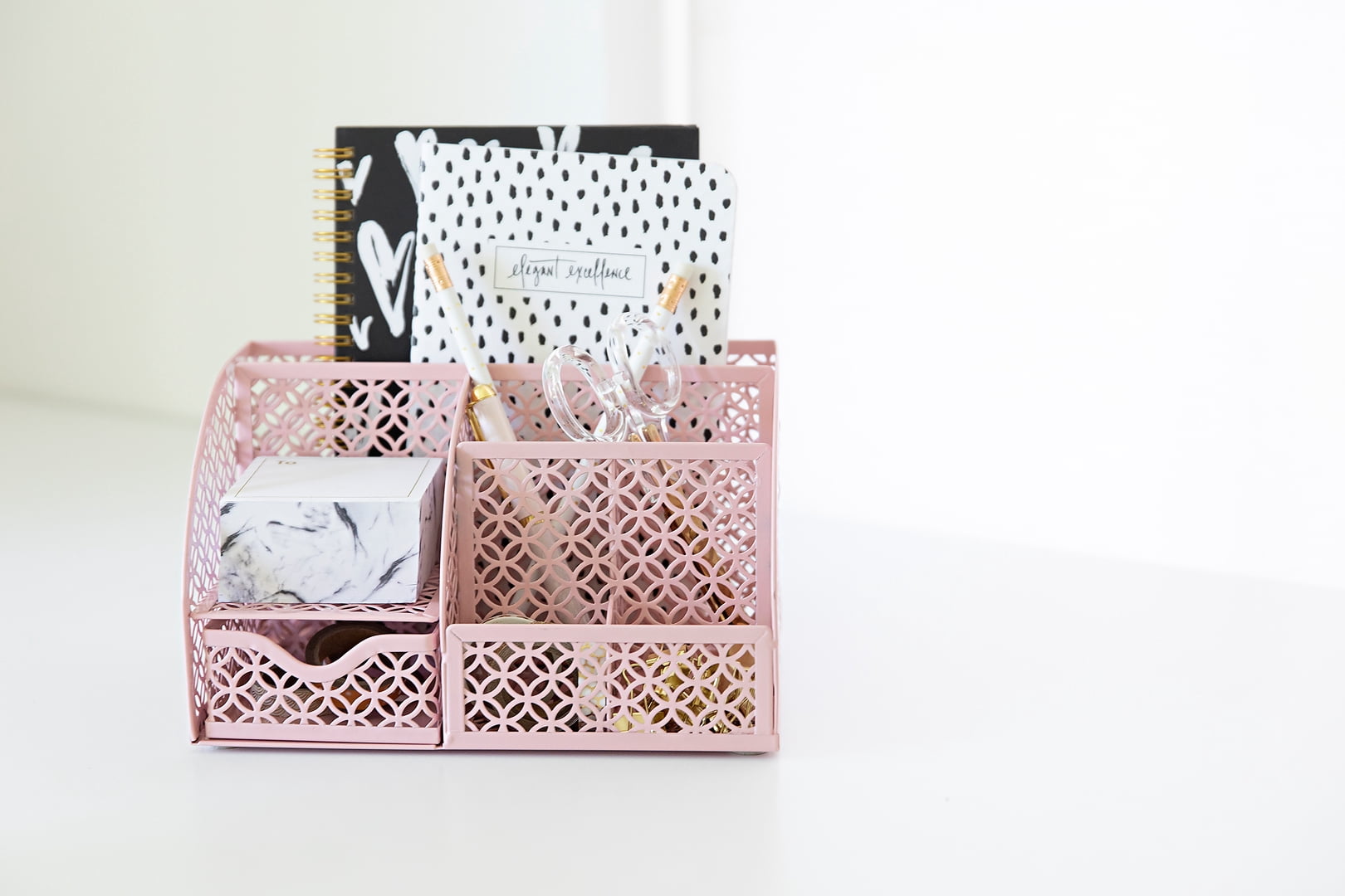 Riviera Designer Metal Desk Organizer with Drawer - Pink