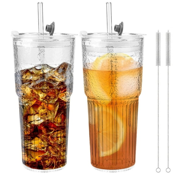 2 Piece 20 oz Glass Cups with Lid and Straw,High Borosilicate Tumbler,  Iced Coffee Cup, Beer Glasses,Water Smoothie,Clear