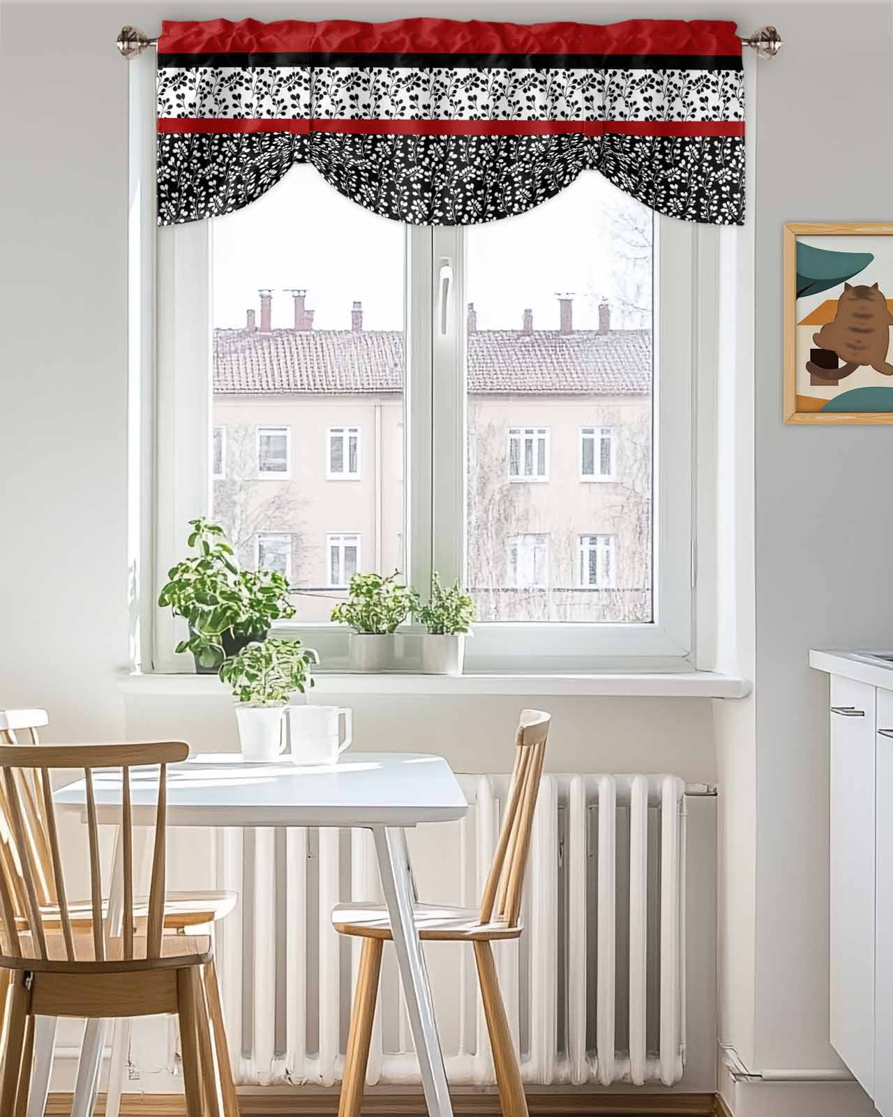 Abstract Red Tie Up Valances Curtain, Adjustable Kitchen Black Stripes Floral Plant Modern Vintage Valances for Windows Decor, Rod Pocket Short Curtains Set for Bedroom/Bathroom, 54"x18"