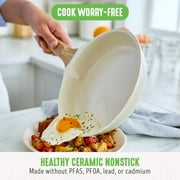 GreenLife Arte 8 Piece Ceramic Nonstick Cookware Pots and Pans Set, Induction Suitable, Wood Print Handles, Glass Lids, Stock Saucepans & Frying Pans, Dishwasher Safe, Speckled Cream