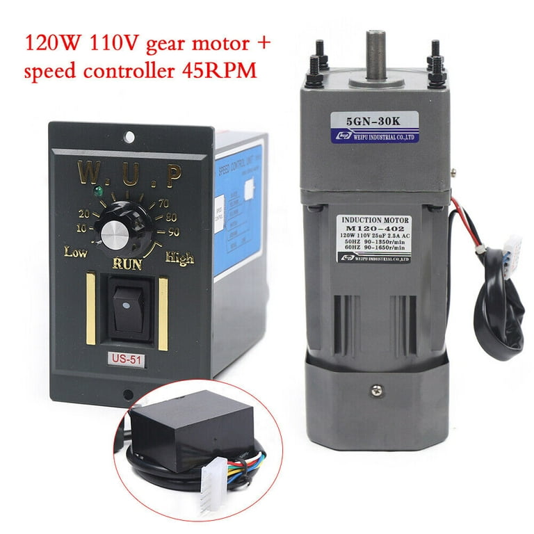 110V 120W Ac Gear Motor Electric Single-Phase Motor Gear Motor Electric  Variable Speed Adjustable Controller Governor Adjustable Speed Controller Rated  Speed 0-450 RPM (Reduction Ratio: 1:3) 