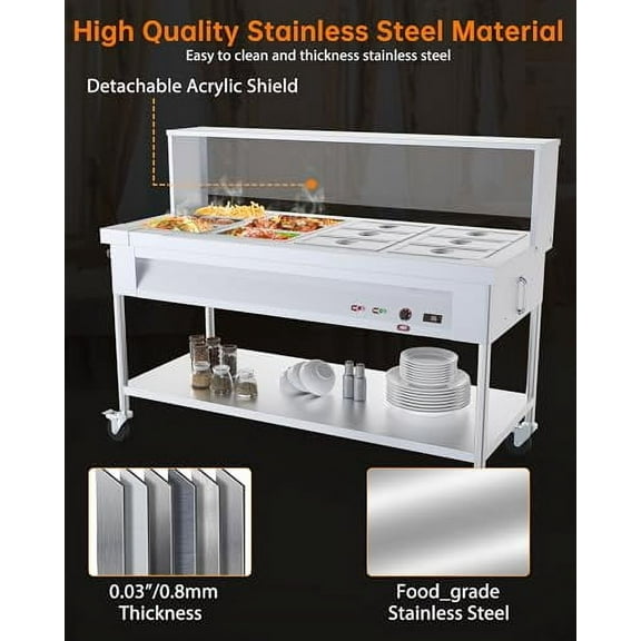 
96QT Commercial Food Warmer, 12x8QT Electric Steam Table 12-Pans with Acrylic Shield Stainless Steel Bain Marie Countertop with Lockable Wheels for Restaurants Buffets Party