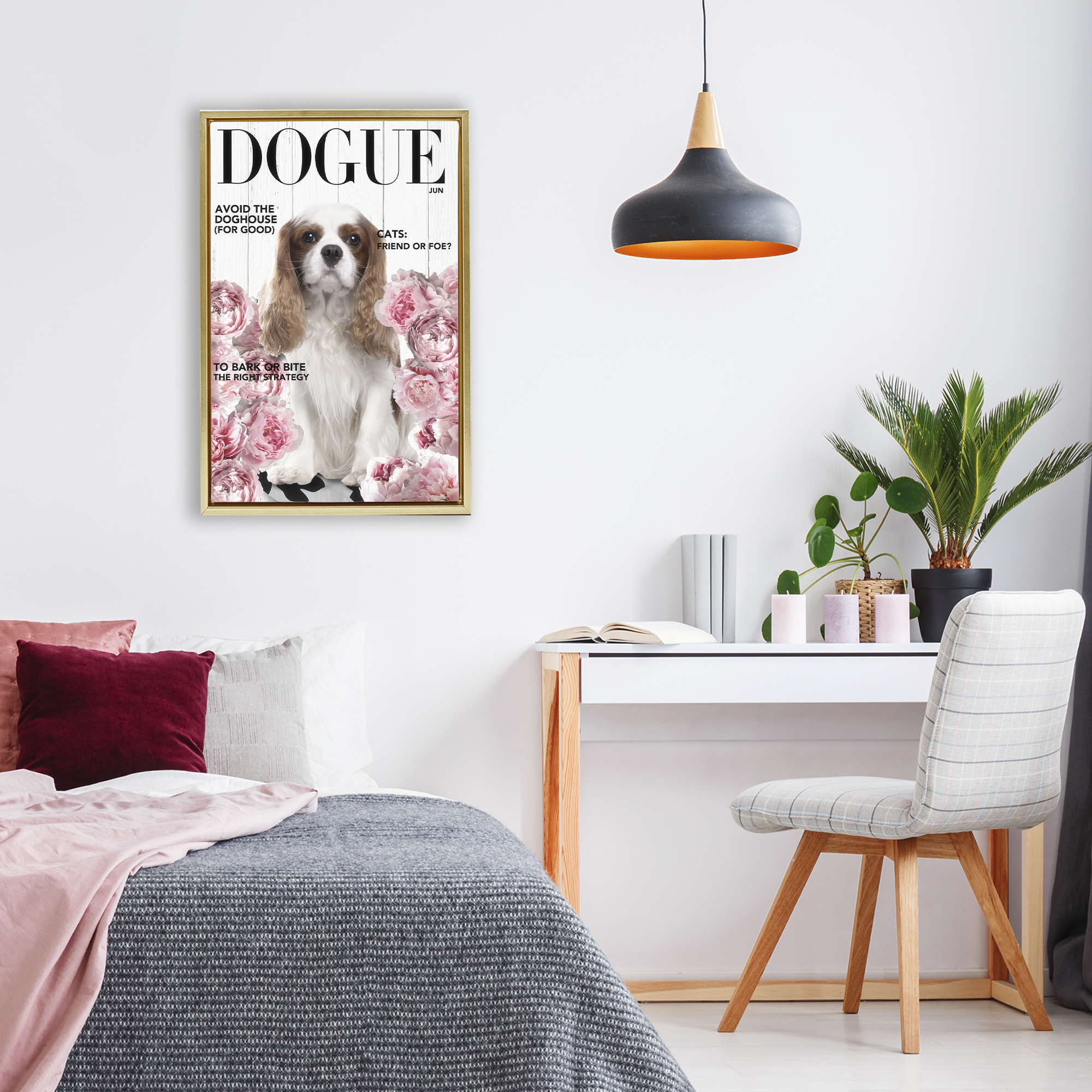 Funny Floral Dog Magazine Gold Framed Floater Canvas Wall Art, design by Sasha