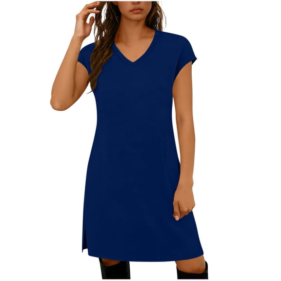 snilers Summer Dresses for Women Casual Cap Sleeve V Neck Short T Shirt Dress Side Split Beach Mini Dress with Pockets S-2XL