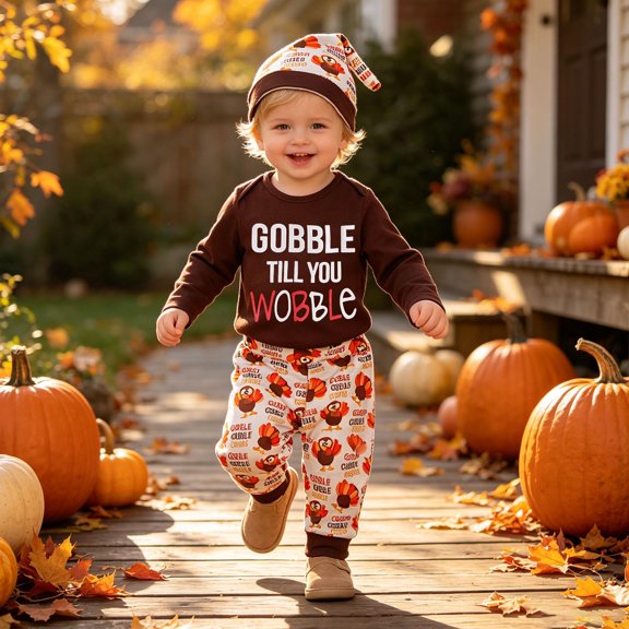 Glisme Thanksgiving Outfits For Boys Short Sleeve Graphic Prints Crewneck Triangle Romper Pants Hat 3 Pieces Set Lovely Toddler Daily Wear Brown