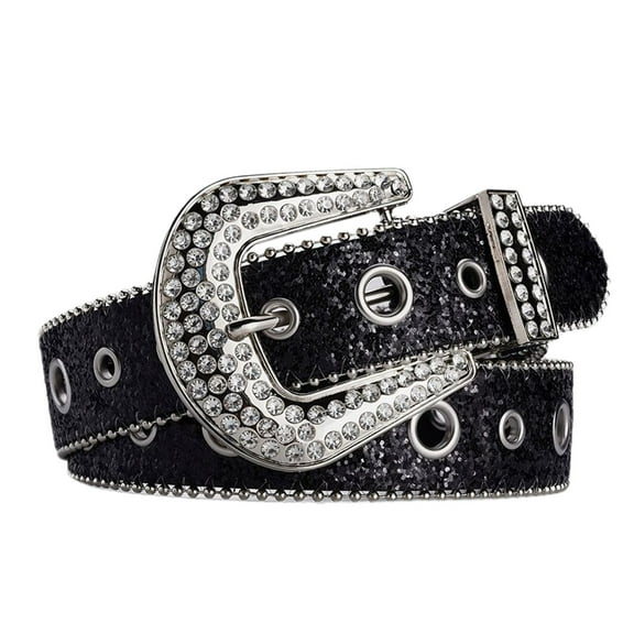 SWSMCLT Women's Rhinestone Jeweled Belt Metallic Slimming Vintage Summer Holographic Fashion Metal Buckle Black One Size