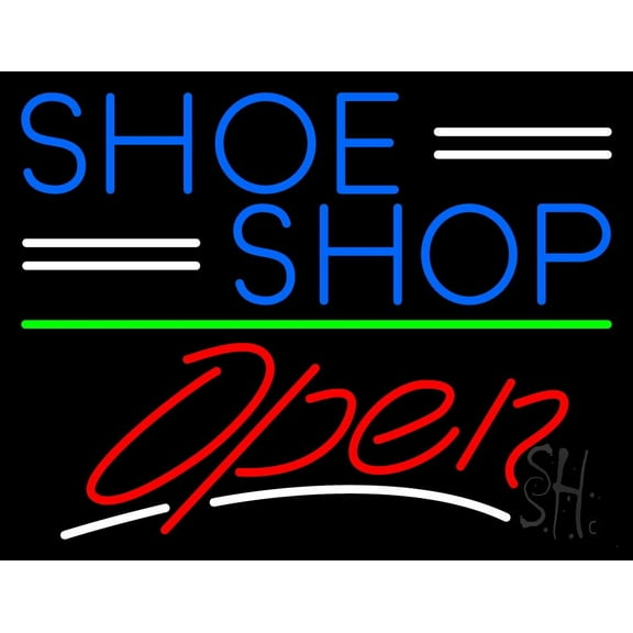 Blue Shoe Shop Open LED Neon Sign 24 x 31 - inches, Black Square Cut Acrylic Backing, with Dimmer - Bright and Premium built indoor LED Neon Sign for store interior Décor, Storefront.