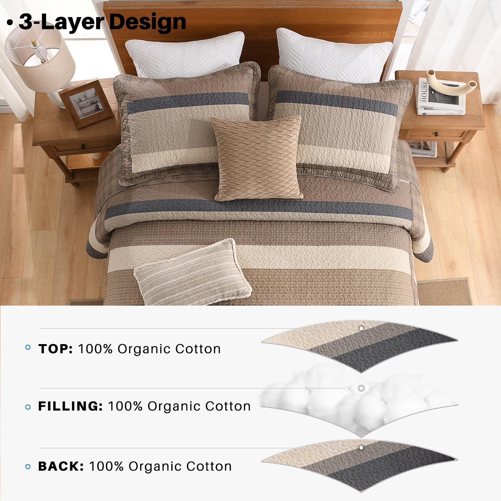 Bedduvit Striped 100% Organic Cotton Quilt - Queen Size Quilt Set, Brown Black Beige Farmhouse Cottage Bedspread for Queen Bed, Lightweight Modern Unisex All-Season 3-Piece Comforter Set, 98"x90"