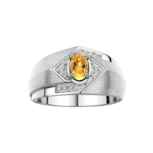 RYLOS Mens Rings 14K White Gold Ring 6X4MM Oval Shape Gemstone & Diamond Ring Citrine November Birthstone Rings For Man Gold Rings Size 10