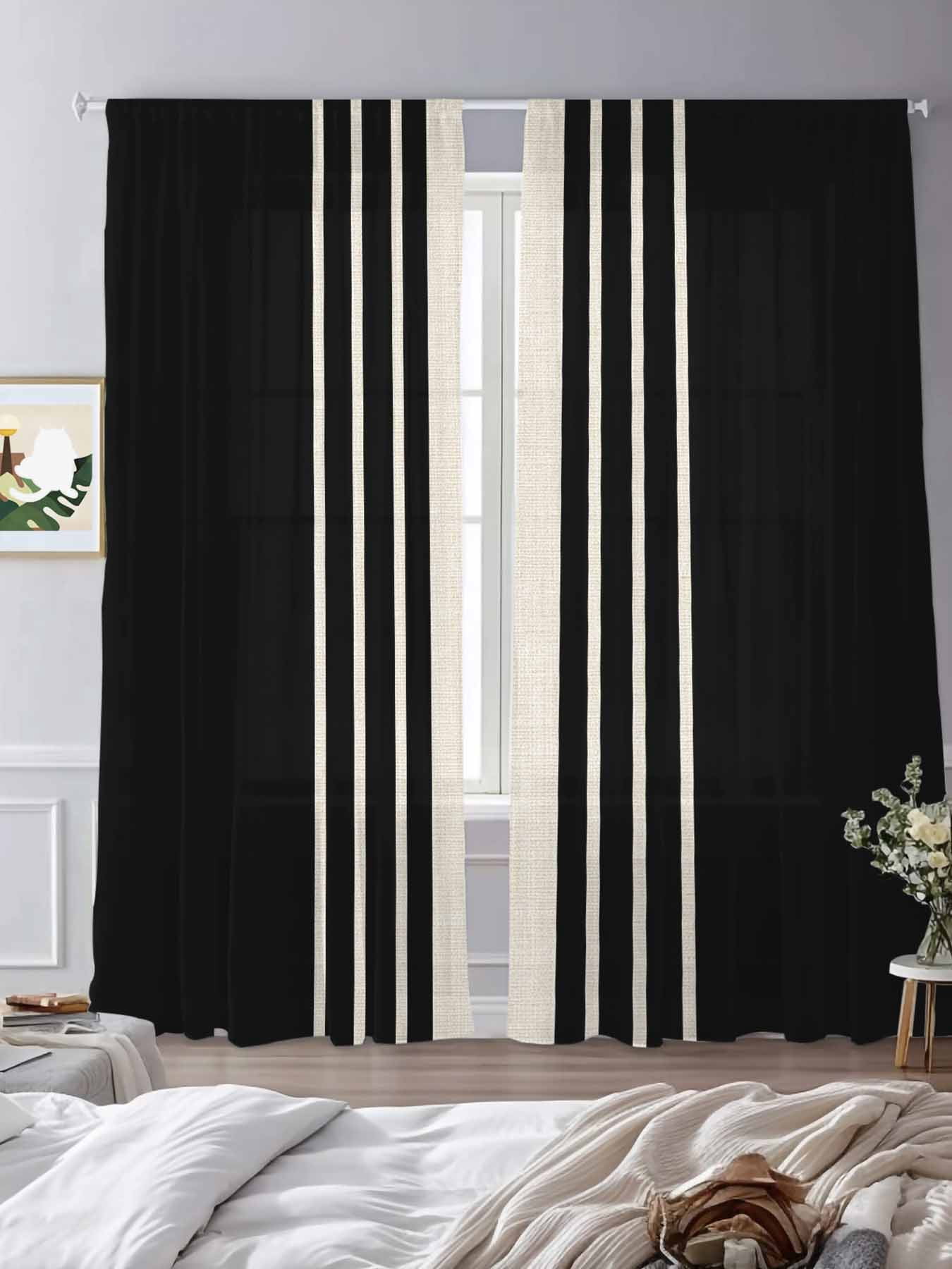 Black Stripe Line Chiffon Sheer Curtains 84 Inches Long, Retro Linen 2 Rod Pocket Window Treatment Voile Drapes Curtains for Living Room Bedroom,2 Panels, 52x84In