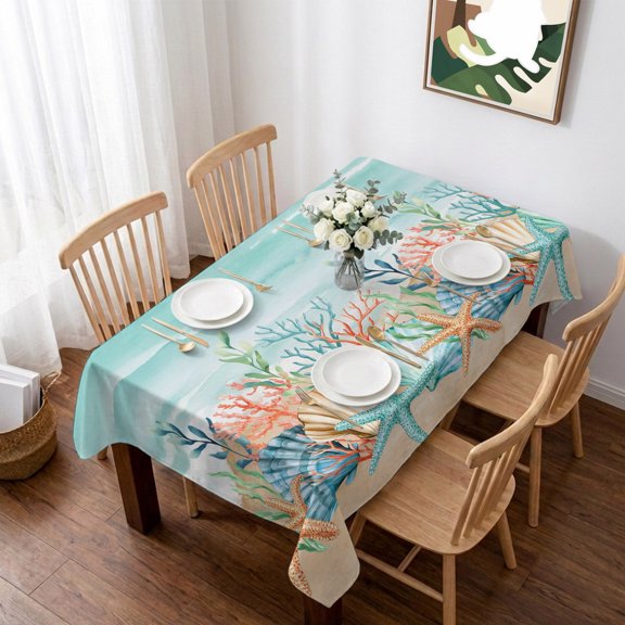 Coastal Beach Table Cloth Waterproof Tablecloths, Ocean Wave Summer Sea Starfish Coral Teal Beige Tablecloth Dining Table Cover for Kitchen Party Tabletop Outdoor, Rectangle Tablecloth 52x70 Inch