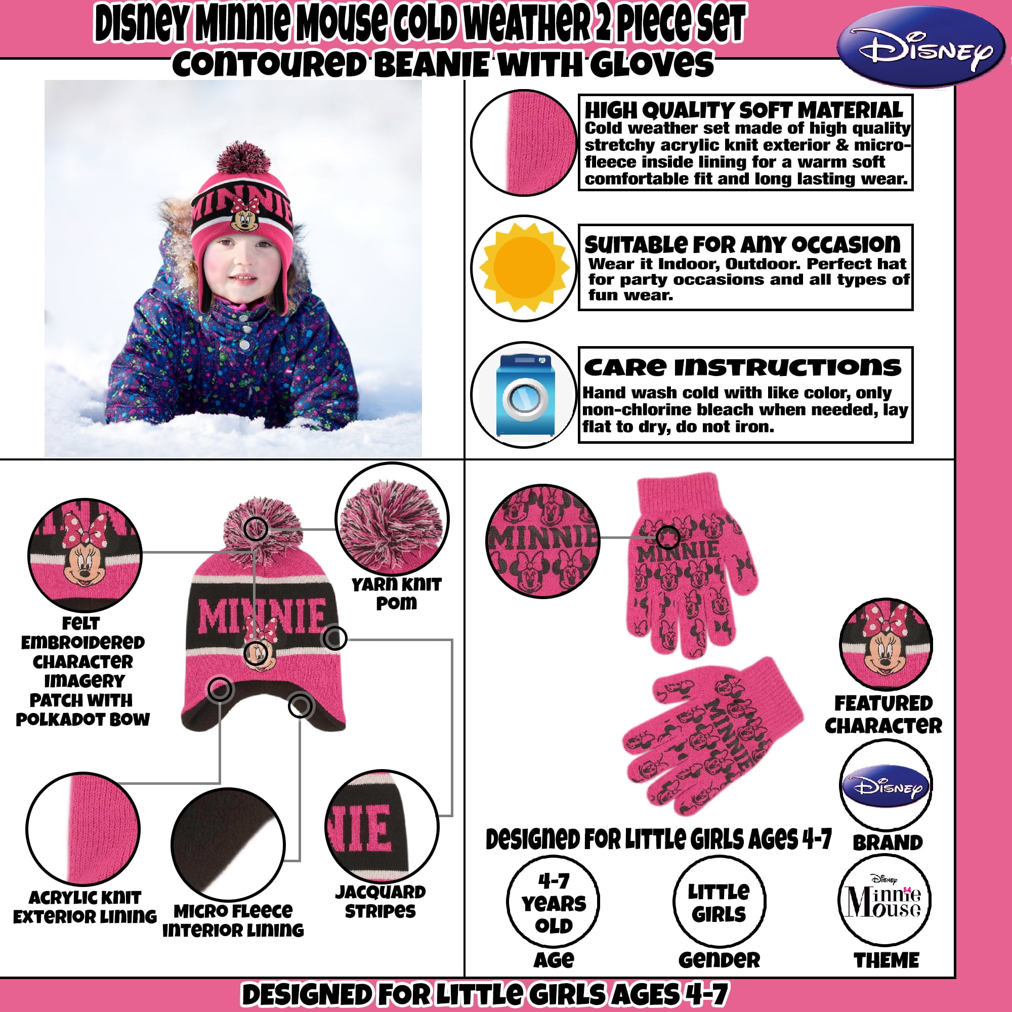 NEW Girls Beanie Hat Gloves 2 Piece Set Acrylic Knit Cap Pink Love Purple Warm