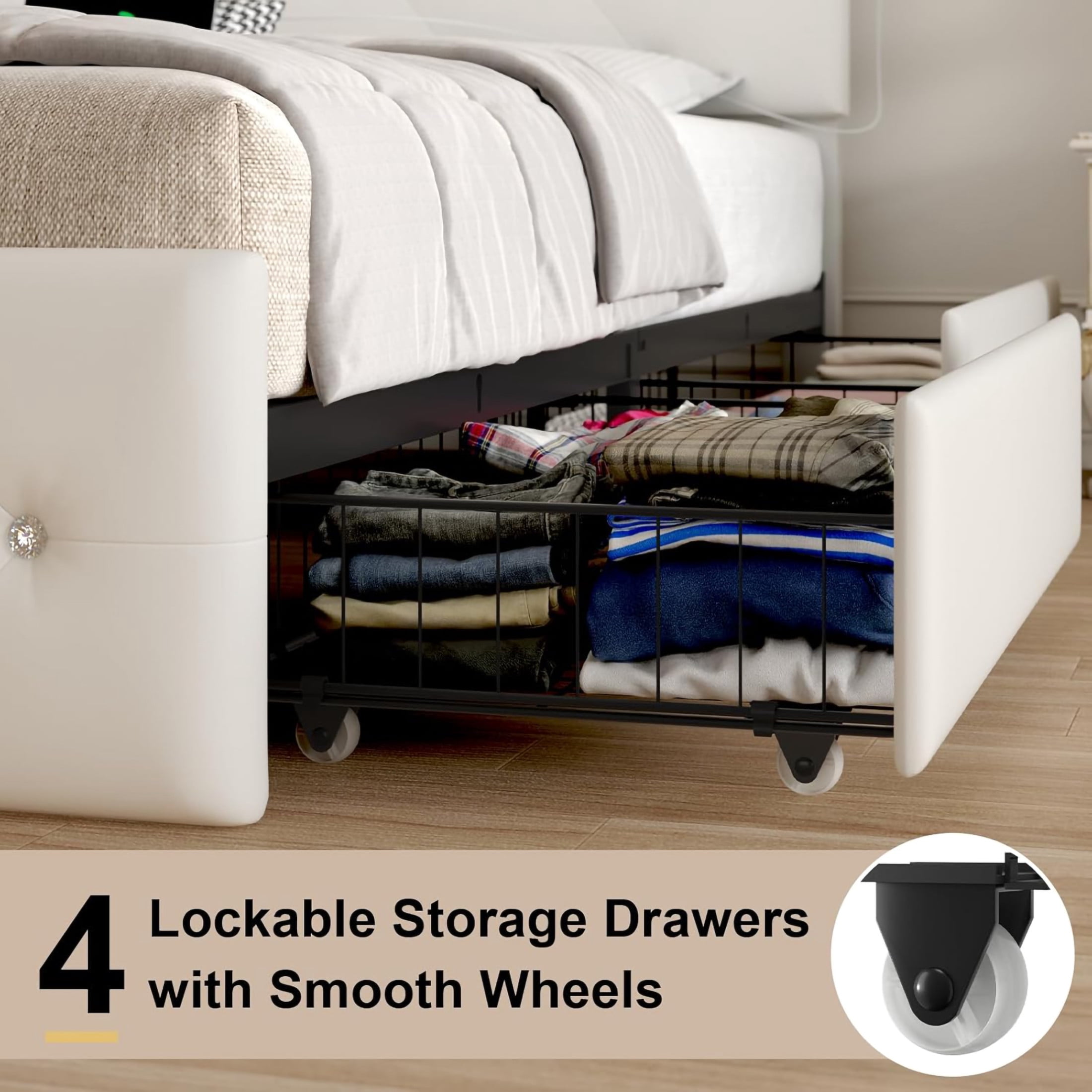 Noble House Quinci Full Bed Frame with LED Light and Adjustable Headboard, Storage Drawers & Charging Station, White