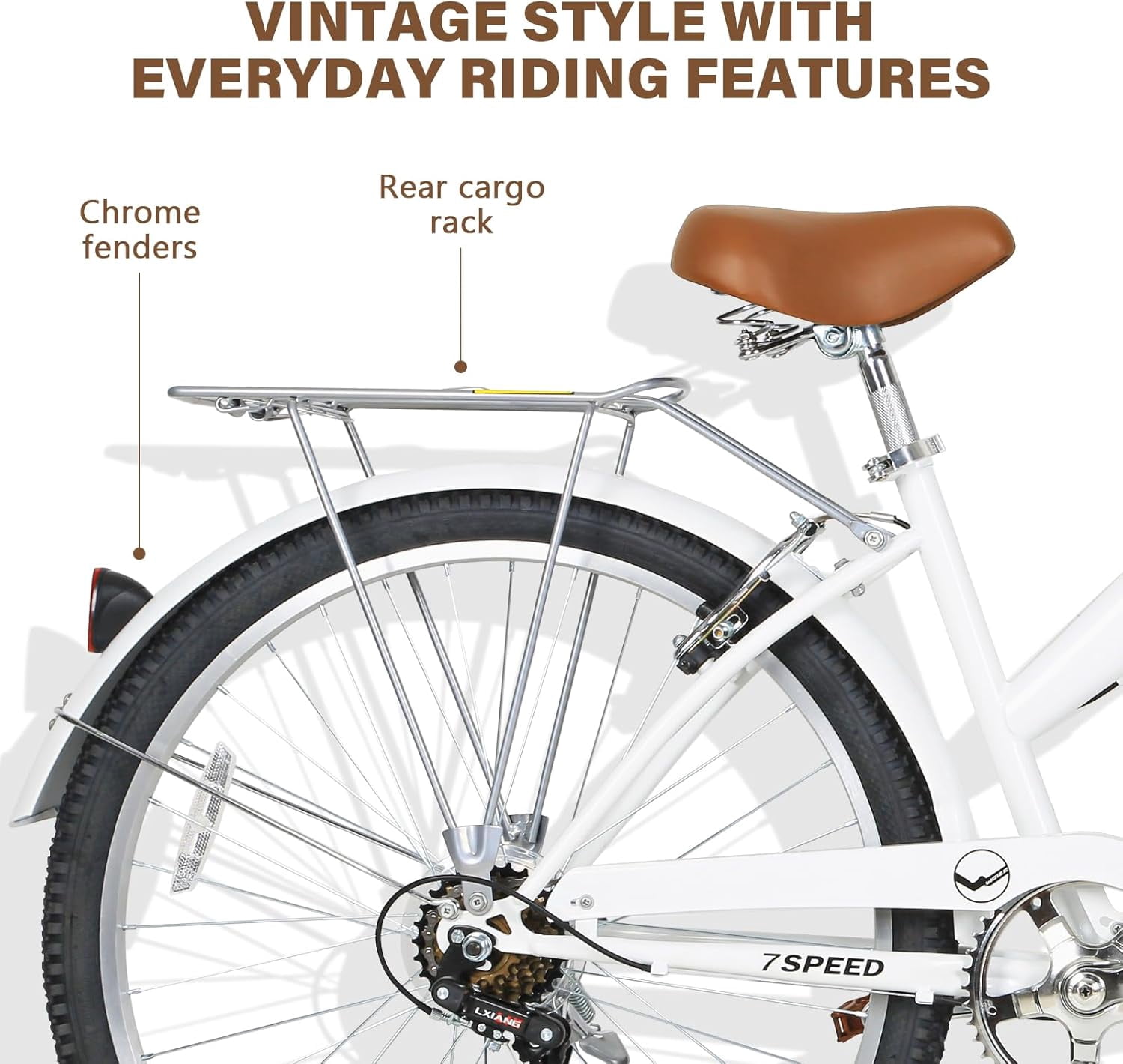 WEIZE Beach Cruiser Bike 26 inch Commuter Bicycle 7 Speed City Bike for Adult Men Women Off-Road Cycling Bicycle with Front Basket Rear Rack, White