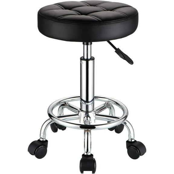 Round Rolling Stools PU Leather Seat Height Adjustable Swivel Stool with Wheels