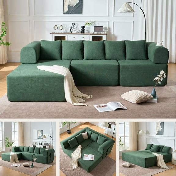 106" Modular Sectional Sofawith Movable Chaise, L Shaped Cloud Sectional Couch with Deep Seat, Modern Velvet Boneless Couch with 5 Pillows, Compressed Sofa for Living Room, Green